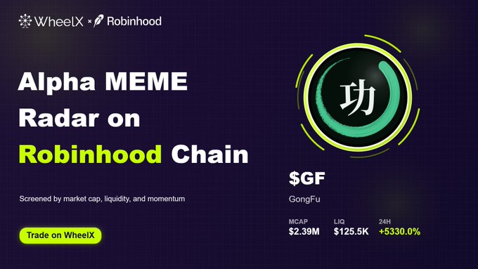 A WheelX × Robinhood promotional graphic for an “Alpha MEME Radar on Robinhood Chain,” featuring $GF GongFu with MCAP $2.39M, LIQ $125.5K, and 24H +5330.0%, plus “Trade on WheelX.”