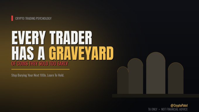 The image features a black background with white text advertising an ebook titled "Every Trader Has A Graveyard Of Coins They Sold Too Early". Below this title are three symbols related to the trading of cryptocurrencies, including three skulls, which could represent some cryptocurrency altcoins from that graveyard. The text at the bottom mentions Bitcoin, suggesting the focus on Bitcoin as one of the coins being referred to in the post.