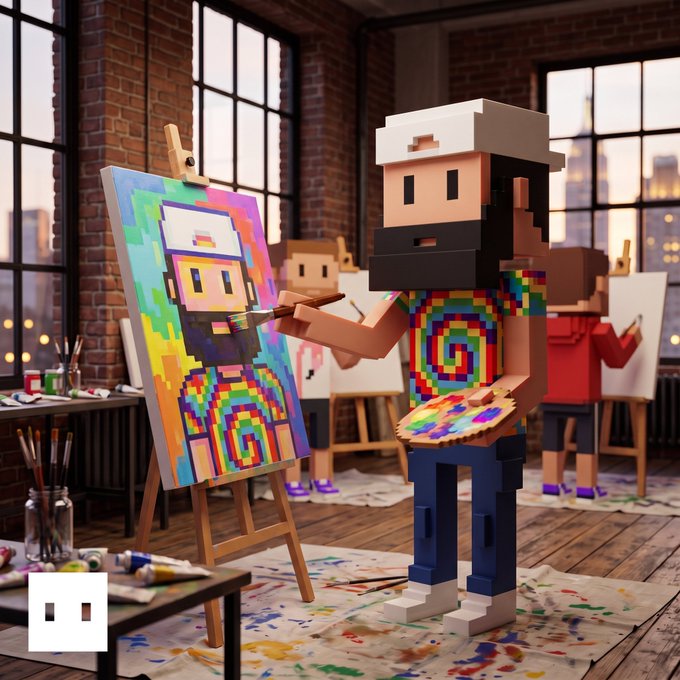 A pixelated Meebit character wearing a colorful tie-dye shirt stands at an easel in a brick-walled studio, painting a vibrant portrait of itself while holding a paint-covered palette. The scene captures the playful, creative spirit of the upcoming "Meebits Paint Party" with Justin Aversano in NYC on September 1st, illustrating the NFT community's artistic gathering.