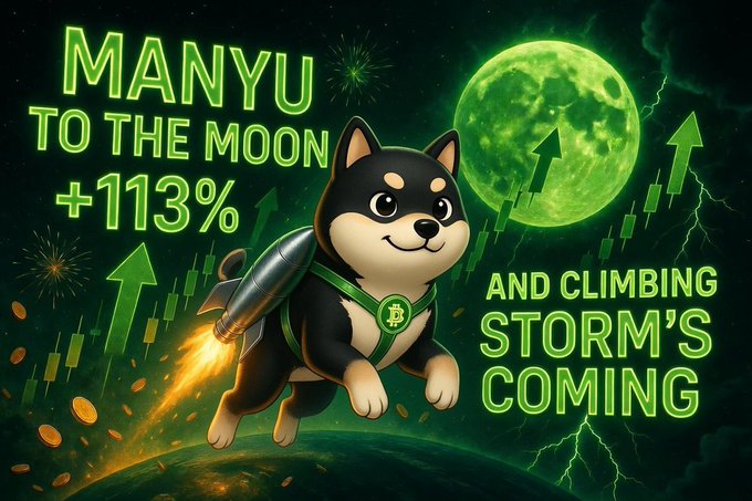 A cartoon Shiba Inu dog with a Bitcoin rocket emblem flies toward the green moon with text 'MANYU TO THE MOON +113% AND CLIMBING STORM'S COMING'.