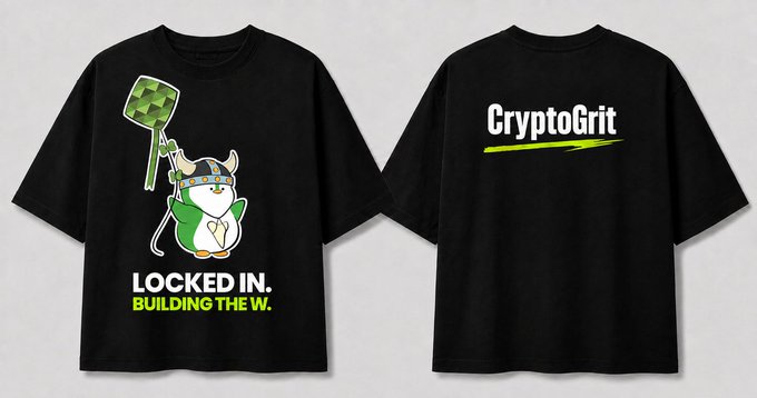 A black t-shirt shown from front and back views; the front features a cartoon character holding a hammer with the text 'LOCKED IN. BUILDING THE W.', while the back displays 'CryptoGrit'.