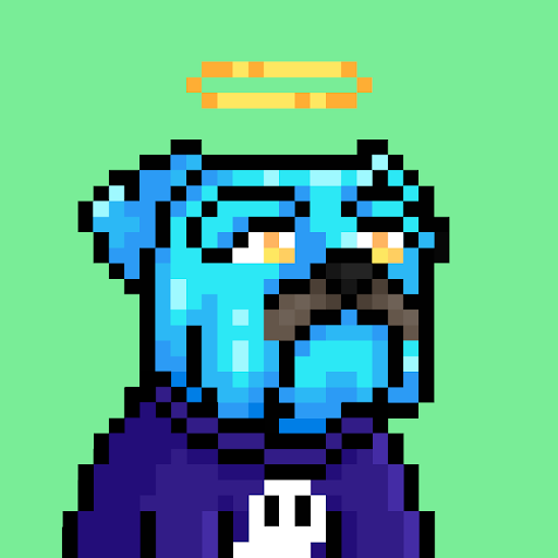 A pixel-art blue bear character with a yellow halo above its head, wearing a purple shirt with a white Bitcoin-style symbol, set against a green background.