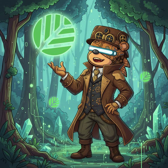 The image depicts a cartoon bear wearing a brown suit, hat, and boots standing in front of trees with green leaves. The bear appears to be holding up a large green circle above its head, possibly indicating that he has found something interesting or important within the forest. The overall scene is set in an environment where the bear seems to be exploring and interacting with nature.