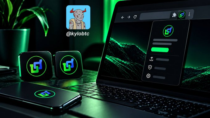 A dark-themed promotional graphic for '@kylobtc' showing a cryptocurrency/casino logo on a laptop screen and mobile devices with green neon lighting accents.