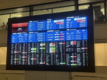 A large digital stock market board displays real-time financial data in red, green, and white text on a blue background.