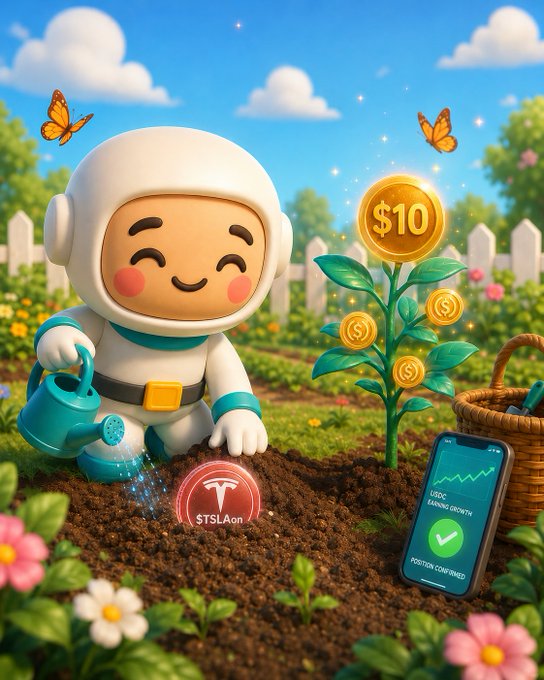 A 3D illustration of a cute astronaut character watering a plant that grows gold coins with a '$10' symbol, alongside a Tesla token and a phone showing 'USDC EARNING GROWTH'.