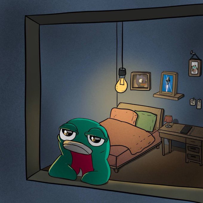 A cartoon illustration shows a melancholic green frog-like creature sitting in a dimly lit bedroom with a bed, framed pictures on the wall, and a hanging light bulb.