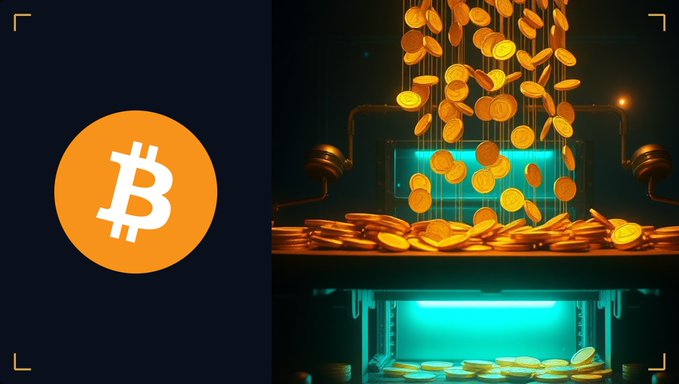 The Bitcoin logo is displayed on the left alongside an image of gold coins raining down into a glowing digital vault, symbolizing cryptocurrency's status as a modern digital store of value. The imagery reinforces the post's observation that BTC remains steady at -0.24% ahead of the core PPI release, showing no reaction as the market awaits whether a hotter-than-expected inflation print will shake it from its current calm.