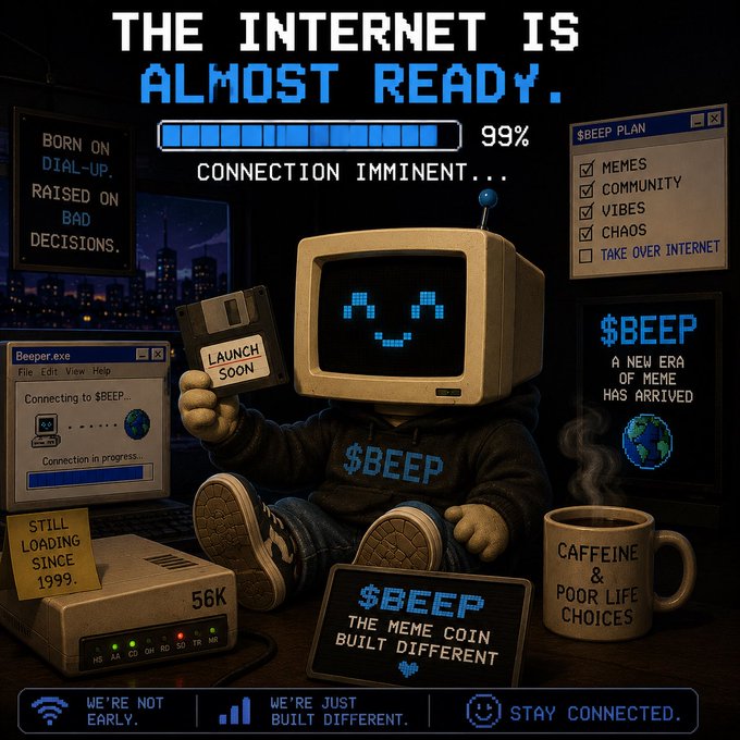 A retro-themed promotional graphic for '$BEEP - The Meme Coin Built Different' features an anthropomorphic old computer monitor with a smiling pixel face, sitting with a floppy disk, coffee mug, and various retro computing accessories, with a loading bar at 99% labeled 'CONNECTION IMMINENT.'