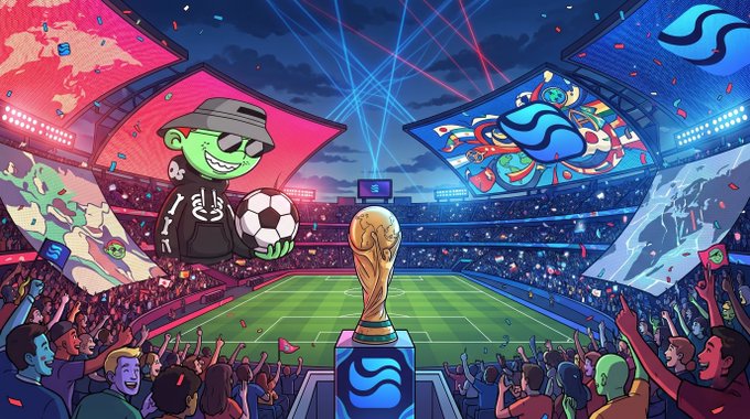 The image features an illustration of a soccer stadium filled with people, including a crowd of fans wearing red, white, and blue colors. The main focus of the image is a large soccer ball placed at the center, surrounded by various elements such as banners, flags, and confetti. A person holding a trophy can be seen in the middle of the scene, possibly celebrating or preparing for an event related to the World Cup.