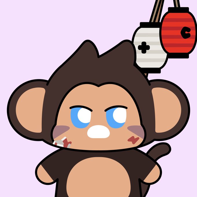 The image features a cartoon monkey with blue eyes, brown hair, and a red nose wearing a brown outfit that includes a shirt and pants. The monkey appears to be standing against a purple background. In the top right corner of the image, there is an illustration of a lantern and a bag.