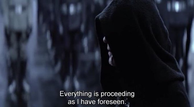 A hooded figure, reminiscent of Emperor Palpatine from Star Wars, stands in a dark, ominous setting with the subtitle "Everything is proceeding as I have foreseen." This is being used as a meme to humorously convey a sense of prophetic vindication and mockery toward financial influencers during a market rally.
