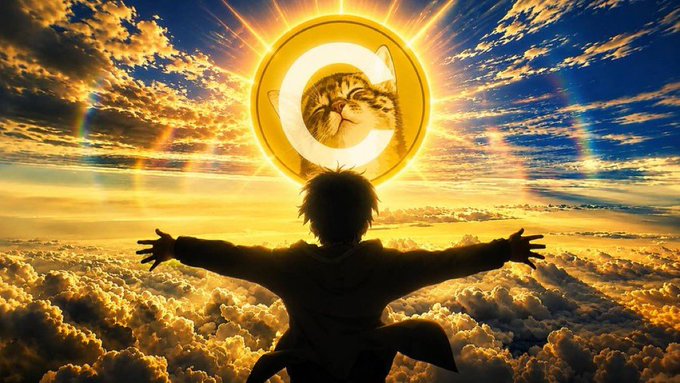 A silhouetted figure stands with arms outstretched above a sea of golden clouds, reaching toward a radiant sun that has been edited to display a cat's face inside a glowing $CATE coin emblem. The image visually reinforces the post's theme of surrendering to the $CATE meme coin hype, with the cat-coin "sun" symbolizing the all-encompassing, almost divine presence of CATE dominating the poster's timeline after finally buying in.