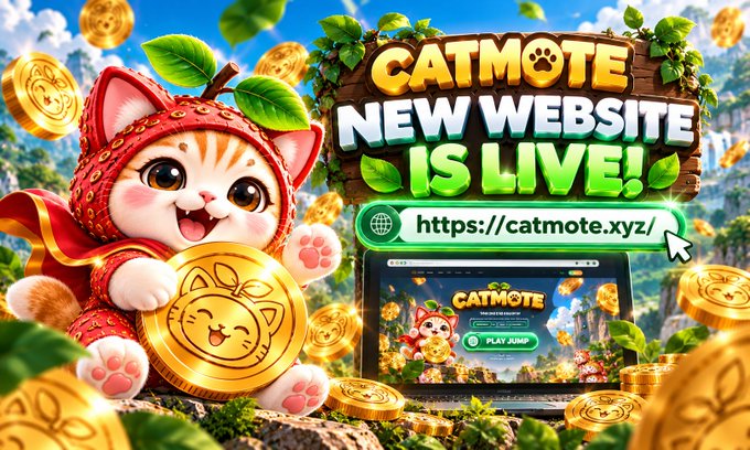 A colorful advertisement for 'CATMOTE' shows a cute cartoon cat in a strawberry hood holding a gold coin, announcing 'NEW WEBSITE IS LIVE!' with the URL https://catmote.xyz/ displayed on a laptop.