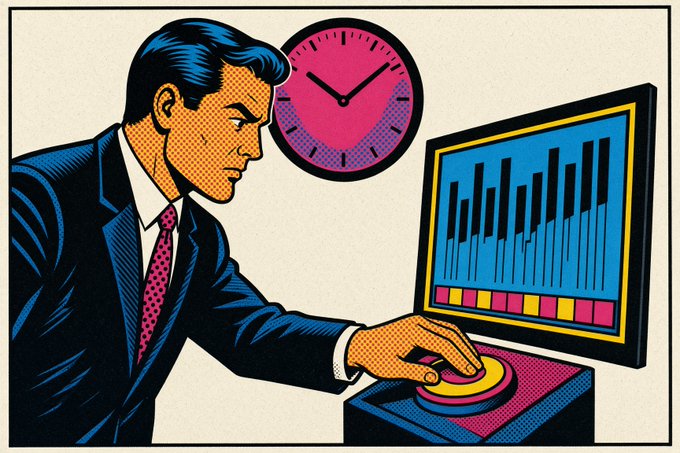 A retro pop-art illustration depicts a man in a suit pressing a button on a control panel while watching a bar chart on a screen, with a pink clock in the background.