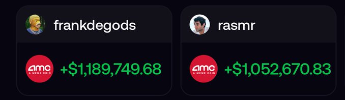 Two user profile cards showing large positive balances: frankdegods with +$1,189,749.68 and rasmr with +$1,052,670.83, both using AMC logo avatars.
