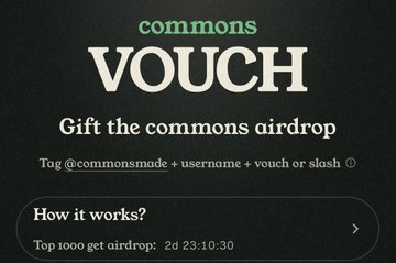 A digital advertisement for 'commons VOUCH' promoting an airdrop feature where users tag @commonsmade with their username and vouch/slash, with a timestamp of '2d 23:10:30'.