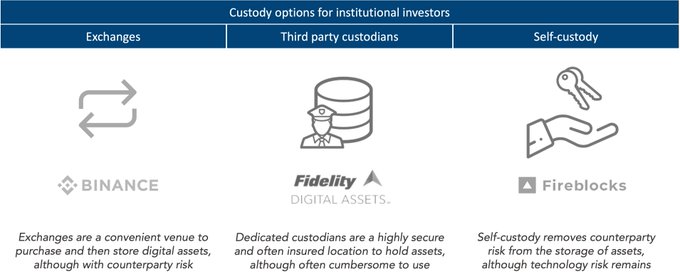 An infographic titled 'Custody options for institutional investors' comparing three options: Exchanges (Binance), Third party custodians (Fidelity Digital Assets), and Self-custody (Fireblocks), each with a brief description.