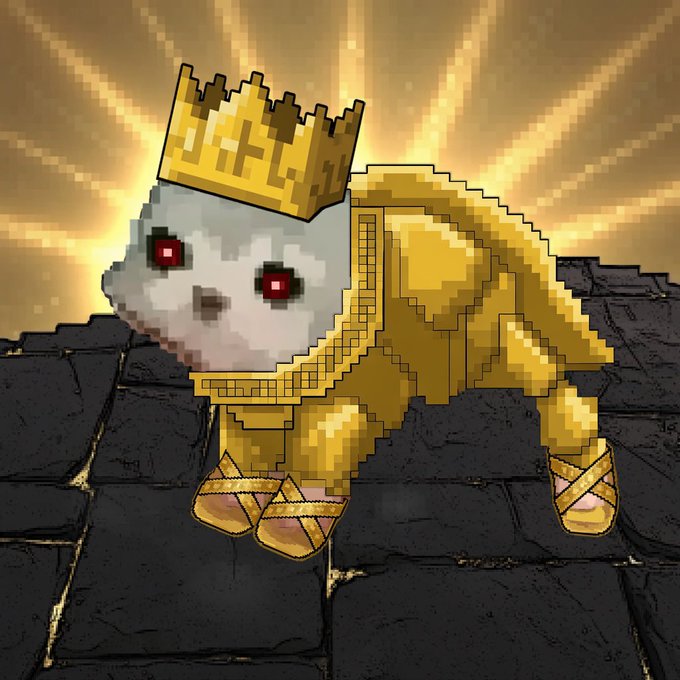 A pixelated character wearing a white bear mask, a gold crown, and a golden outfit, standing on dark stone tiles against a glowing yellow background.
