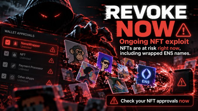 A warning graphic reading 'REVOKE NOW - Ongoing NFT exploit' showing a wallet approvals interface and ENS logo.