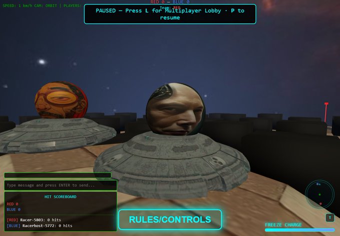 A video game screenshot showing two UFOs, one featuring a man's face, with visible text including "PAUSED - Press L for Multiplayer Lobby - P to resume", "HIT SCOREBOARD", "[RED] Racer-5001: 0 hits", "[BLUE] Racerbot-5772: 0 hits", and a "RULES/CONTROLS" button.