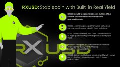 A promotional banner for 'RXUSD: Stablecoin with Built-in Real Yield' features a person in neon green attire next to a robot figure, listing product features and benefits.