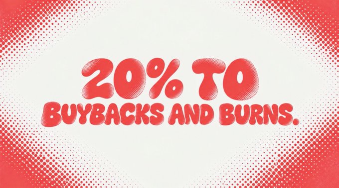 Bold red graphic on a white halftone-dotted background with stylized text reading '20% TO BUYBACKS AND BURNS.'
