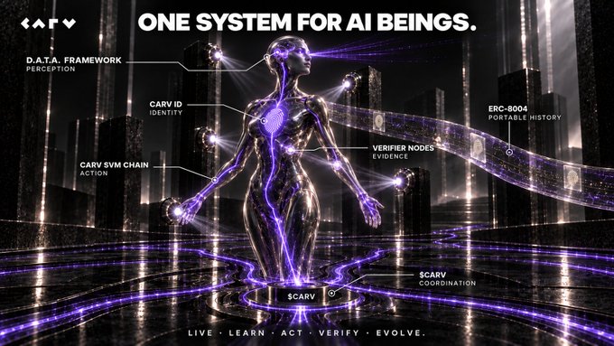 A futuristic purple-glowing humanoid figure stands amid a stylized cityscape, labeled with the CARV system's components: D.A.T.A. Framework (Perception), CARV ID (Identity), CARV SVM Chain (Action), Verifier Nodes (Evidence), ERC-8004 (Portable History), and $CARV (Coordination), under the headline "ONE SYSTEM FOR AI BEINGS" and tagline "LIVE · LEARN · ACT · VERIFY · EVOLVE."