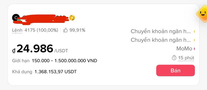 A cryptocurrency P2P trading interface showing a USDT sell offer at 24.986 with payment methods including bank transfer and MoMo, with a 99.91% completion rate and 1,368,153.97 USDT available.