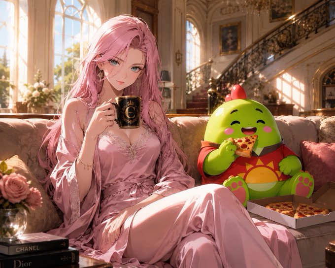 An anime-style illustration of a pink-haired woman in a pink dress holding a mug, sitting on a sofa next to a green, round mascot eating pizza, with Chanel and Dior books nearby.