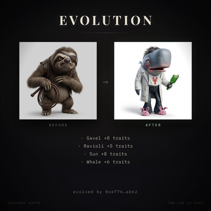 An "EVOLUTION" graphic showing a furry creature with an eye patch before, transformed into a hippo-like character wearing a lab coat with pink slippers after, listing traits like "Gavel +8 traits" and "Whale +6 traits."