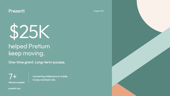 A Prezenti/empik impact slide featuring '$25K helped Pretium keep moving' with the tagline 'One-time grant. Long-term success,' noting they are active in 7+ African markets connecting stablecoins to mobile money and bank rails.