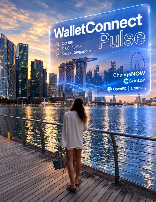 A promotional graphic for 'WalletConnect Pulse' scheduled for Oct 6th, 11:00-15:00 in Sospiri, Singapore, sponsored by ChangeNOW, Canton, OpenFX, and turnkey, overlaid on an image of a woman overlooking the Singapore skyline at sunset.