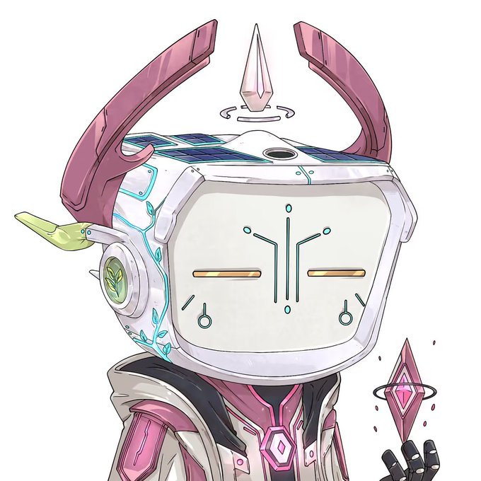 A digital illustration of a futuristic, robotic character with a CRT monitor for a head displaying a stylized face, accented with pink antennae, solar panels, and floating crystals.