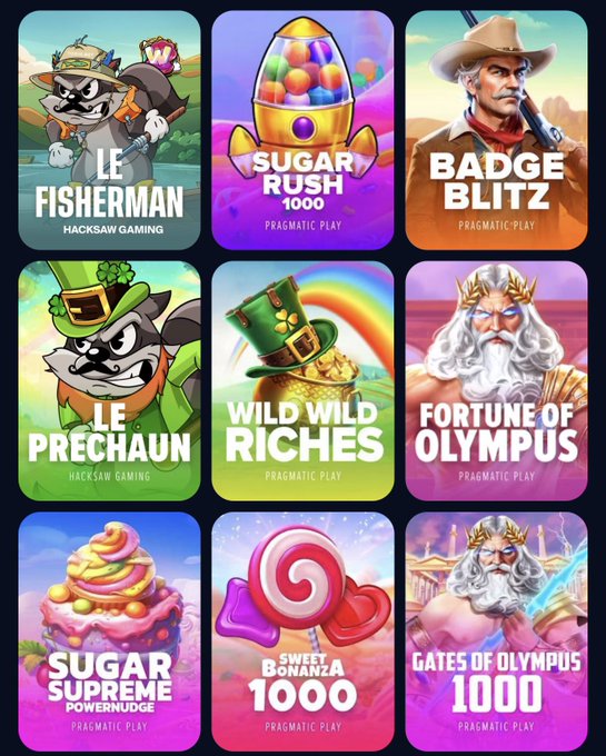 A 3x3 grid of colorful slot game thumbnails from Pragmatic Play and Hacksaw Gaming, featuring titles like "Le Fisherman," "Sugar Rush 1000," "Badge Blitz," "Le Préchaun," "Wild Wild Riches," "Fortune of Olympus," "Sugar Supreme Powernudge," "Sweet Bonanza 1000," and "Gates of Olympus 1000." The post is soliciting followers to recommend one of these slots to play on Toshi.bet in hopes of turning a few hundred dollars into $10,000.
