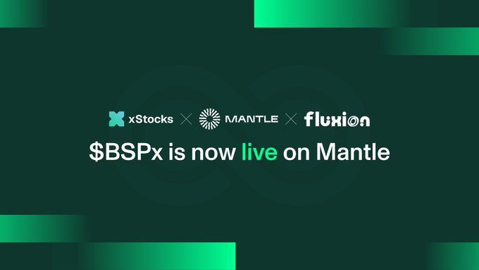 A promotional graphic with a green background displays the logos of xStocks, Mantle, and Fluxion alongside the text "$BSPx is now live on Mantle," announcing that Bending Spoons' tokenized equities are now available for 24/7 trading on Mantle via Fluxion.