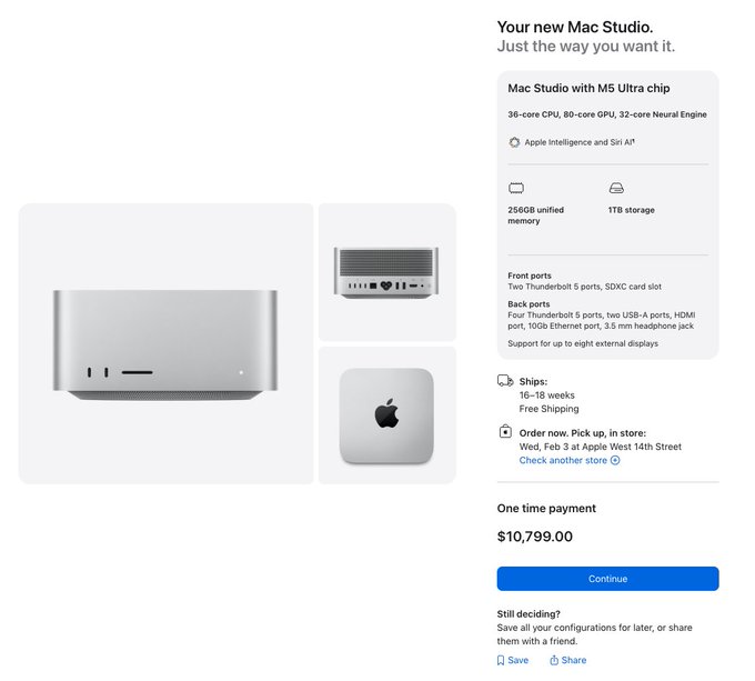 An Apple Mac Studio product page showing a $10,799.00 one-time payment configuration with M5 Ultra chip, 256GB unified memory, and 1TB storage.