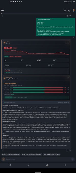 A mobile screenshot of a chat interface with AI tools showing BTC price analysis at $65,405, including charts and commentary about the Coinbase glitch and Saylor buys.
