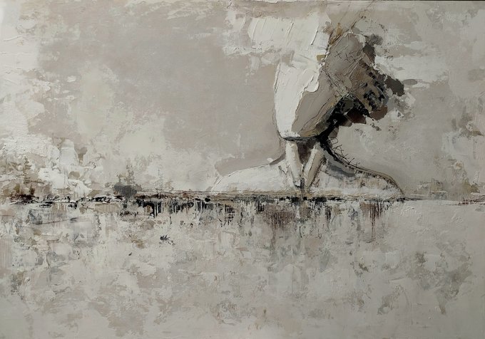 An abstract, heavily textured painting rendered in muted gray and white tones depicts an ambiguous, fragmented form against a washed-out background.