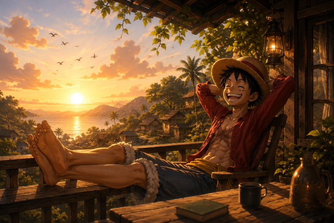 A relaxed anime character with a straw hat lounges barefoot on a wooden porch, smiling contentedly as the sun rises over a tropical island village. The peaceful, easygoing scene perfectly captures the "good morning" vibe, inviting viewers to unwind and enjoy their Thursday.