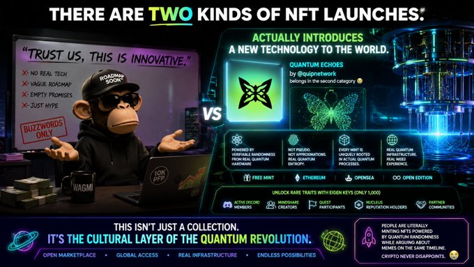 The image shows an infographic titled "There are two kinds of NFT launches" displayed in the bottom right corner, along with a caption below. The infographic features a picture of a monkey wearing sunglasses and holding a laptop, accompanied by text discussing two kinds of NFT launches - one promoting innovation and another revealing new technology to the world. One specific example provided is Quantum Echoes by @quipnetwork.
