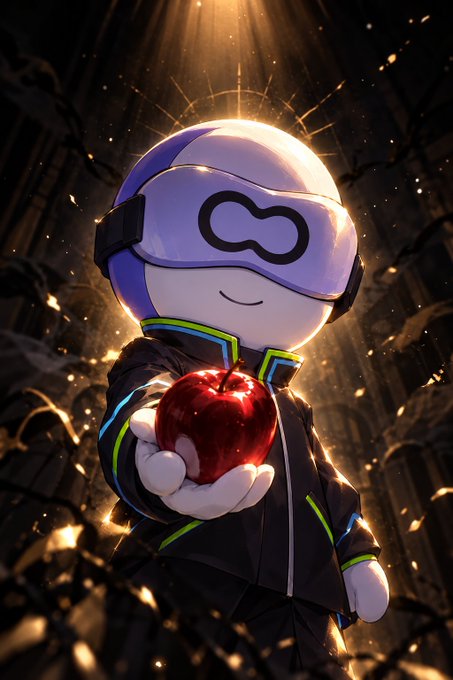 3D-rendered mascot character wearing a futuristic VR helmet and dark jacket, holding out a shiny red apple against a dramatic golden-lit background.