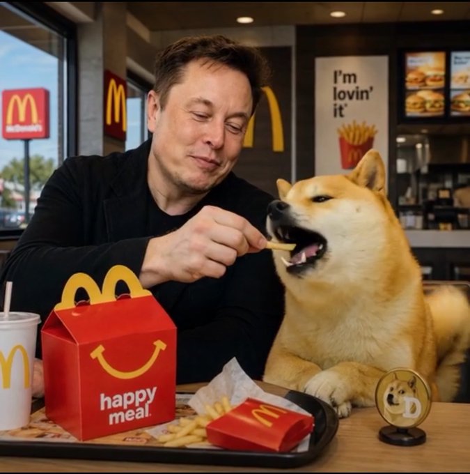 The image features a man sitting at a table with his dog, who is eating food from a Happy Meal box. The man appears to be enjoying their time together as they share a meal. In the background, there are other people present but not interacting with the main subjects of the photo.