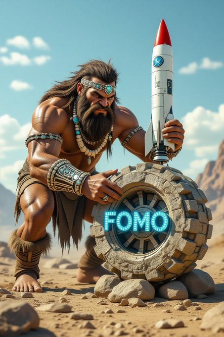 AI-generated image of a muscular barbarian warrior with a beard and turquoise jewelry holding a rocket next to a large tire displaying the glowing word 'FOMO' in a desert setting.