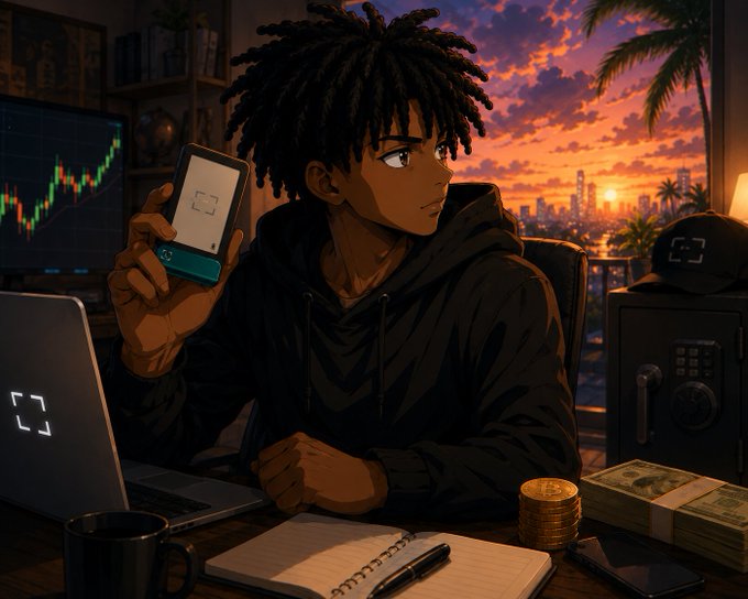 Anime-style illustration of a young man with dreadlocks holding a phone, sitting at a desk with a laptop showing charts, stacks of cash and coins, with a sunset cityscape and palm trees in the background.