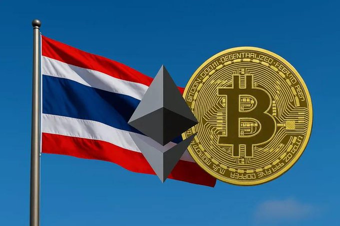 The Thai flag is shown alongside golden Bitcoin and silver Ethereum coin representations, symbolizing Thailand's SEC greenlight for domestic funds to offer Bitcoin and Ethereum ETFs, allowing stock market access to crypto without direct ownership.