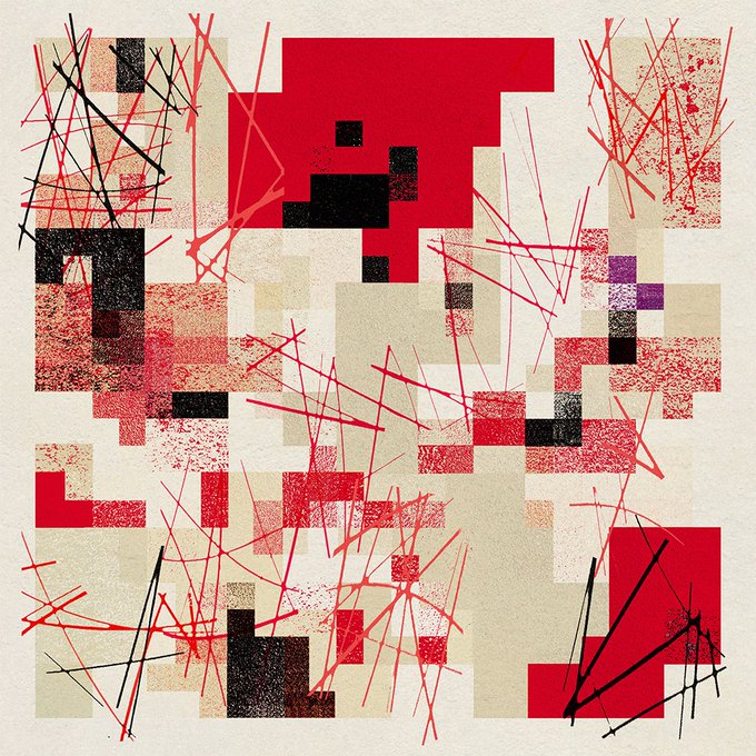 A pixelated abstract composition titled "pixel days 26100ax" features scattered red, black, and beige geometric blocks overlaid with chaotic red and black scribbled lines, evoking a digital glitch aesthetic that complements its tags as abstract, diary-style NFT digital artwork.
