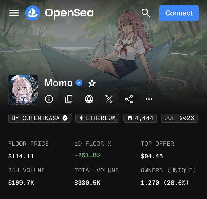 Screenshot of an OpenSea NFT collection page for 'Momo' by Cutemikasa on Ethereum, showing a floor price of $114.11, 24H volume of $169.7K, and 1,270 unique owners.