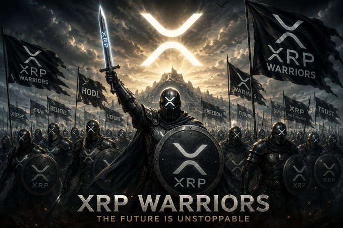 An army of "XRP WARRIORS" stands ready with flags bearing the XRP logo and words like "HODL" and "BELIEVE," symbolizing resilience against adversity. The image visually represents the accompanying post's message of enduring challenges and continuing to stand strong.