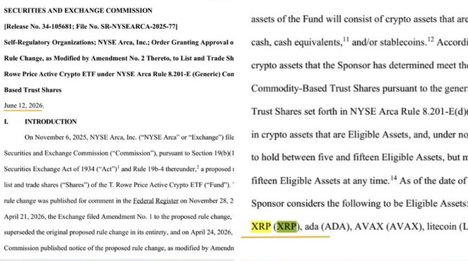 This image displays a U.S. Securities and Exchange Commission (SEC) filing for the "Rowe Price Active Crypto ETF" (XRP), submitted by NYSE Arca Inc. on November 6, 2025, which lists XRP (XRP) as an eligible asset under the proposed rule change, directly supporting the claim that T. Rowe Price has launched its first active $XRP ETF.